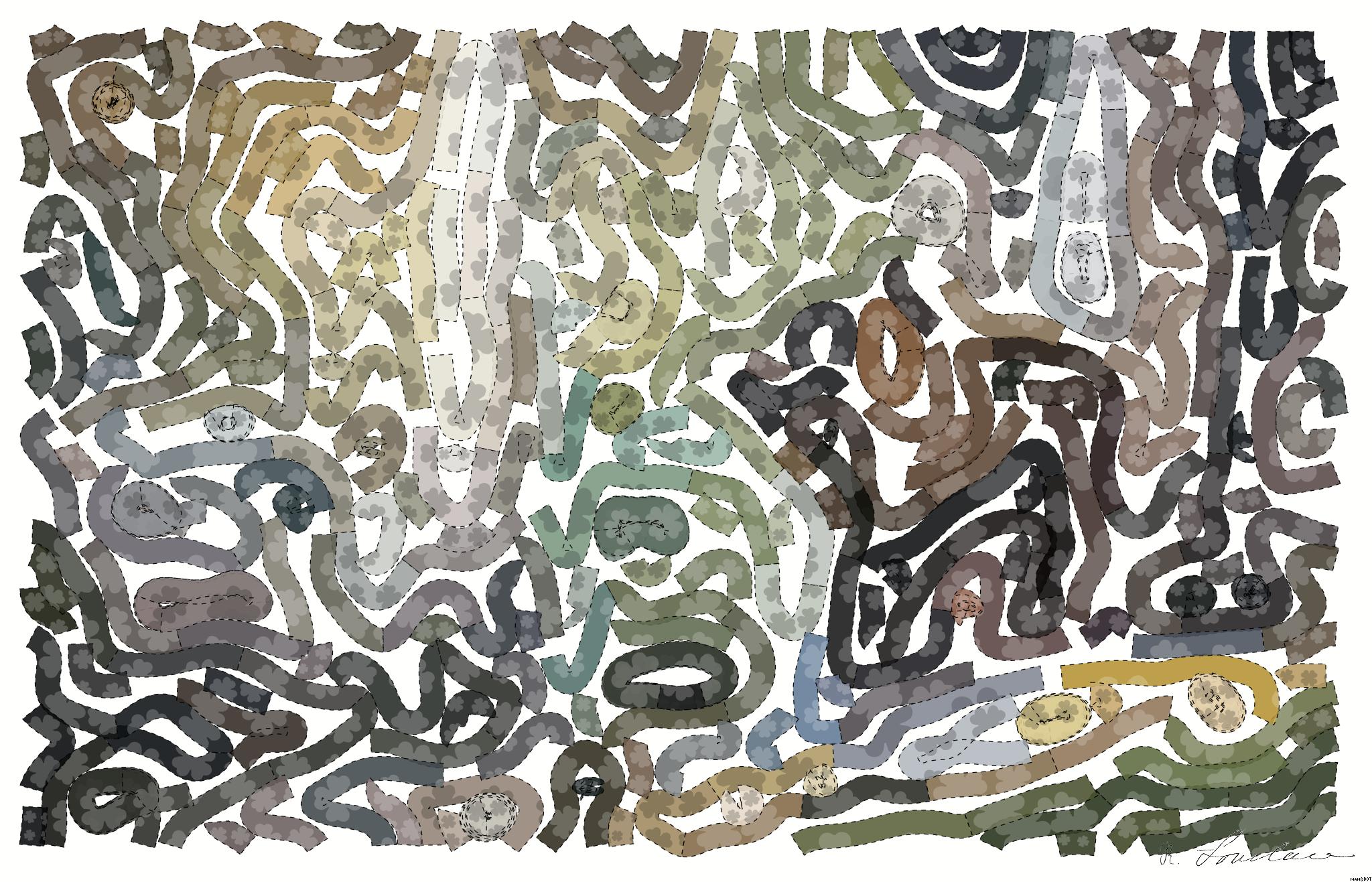 Drawn by bot aaVMEPKa4hqaMDjgmGhfNG; art-flowy; Close-up of a grizzly bear sitting peacefully in a forest setting, showcasing its powerful presence. AI Art