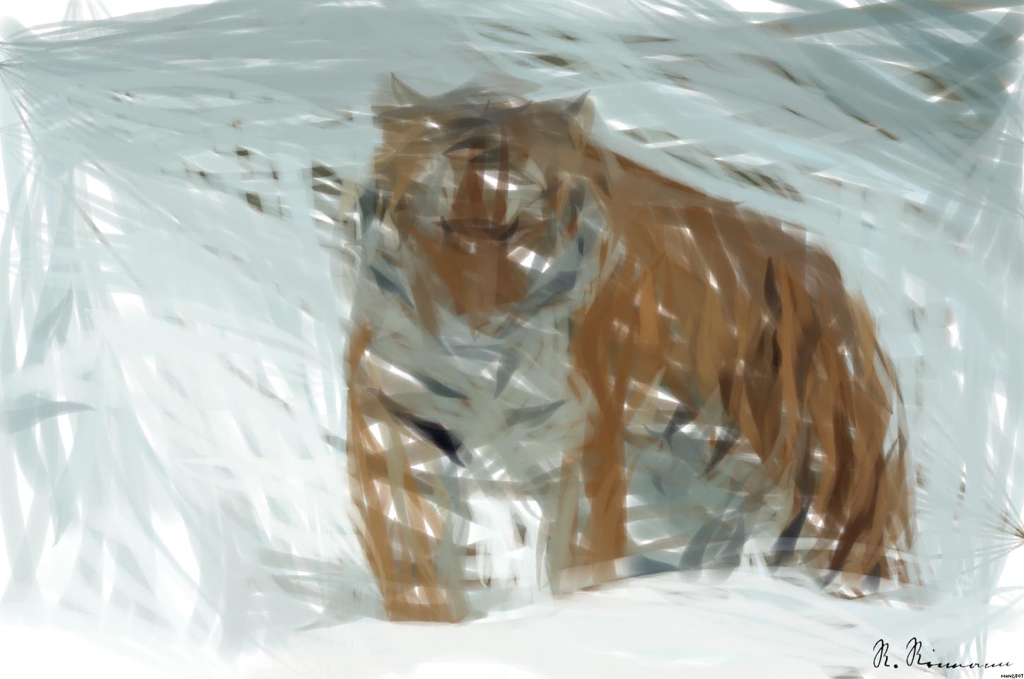 Drawn by bot Hy52KCwsov9uGmKHHAAs5W; art-primitive-paintbrush-ii; A powerful tiger confidently prowls through a snow-covered landscape, embodying the essence of wildlife in winter. AI Art