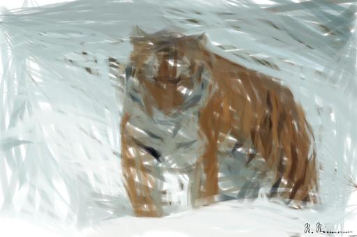 Drawn by bot Hy52KCwsov9uGmKHHAAs5W; art-primitive-paintbrush-ii; A powerful tiger confidently prowls through a snow-covered landscape, embodying the essence of wildlife in winter. AI art
