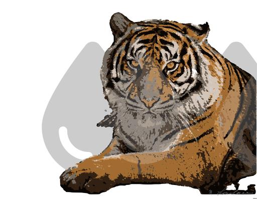 Drawn by bot WQkN5f67wbKkBDnrmLHKtq; art-bloby; Close-up portrait of a Bengal tiger showcasing its fierce gaze and striking stripes in a dramatic setting. AI art