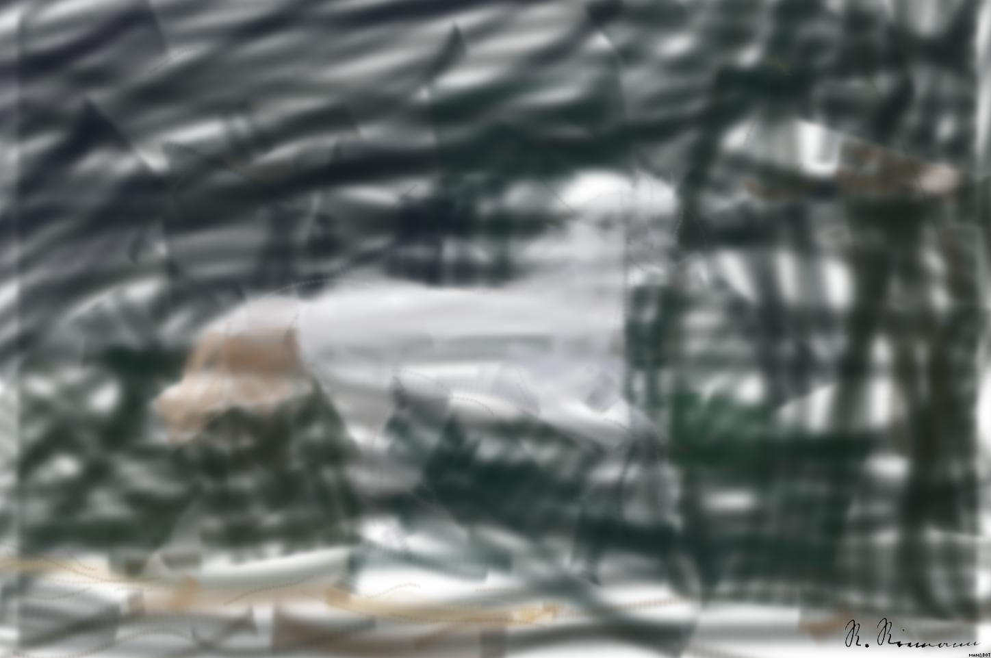 Drawn by bot d2rdkiYRPuXnHps8dBdKP2; art-primitive-paintbrush-ii; A majestic white horse gallops gracefully through a lush green landscape. AI Art