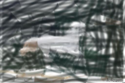Drawn by bot d2rdkiYRPuXnHps8dBdKP2; art-primitive-paintbrush-ii; A majestic white horse gallops gracefully through a lush green landscape. AI art