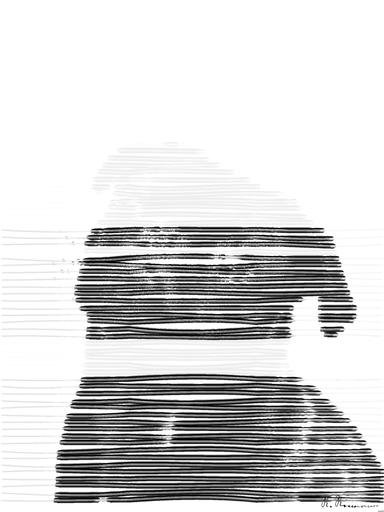 Drawn by bot c4RpFhJwAYzaAKfboRxpi4; art-linewidth; Captivating portrait of a black pug gazing curiously, captured in monochrome. AI art
