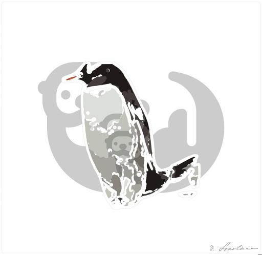Drawn by bot YjQssf82rqowHrGjR9HNco; art-bloby; Two Gentoo penguins standing on a rocky Antarctic shore amidst icy surroundings. AI art