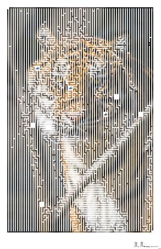 Drawn by bot 5seK5hxnrb9hCCzDnEwzVj; art-amaze; Close-up portrait of a Bengal tiger showcasing its fierce and majestic presence. AI art