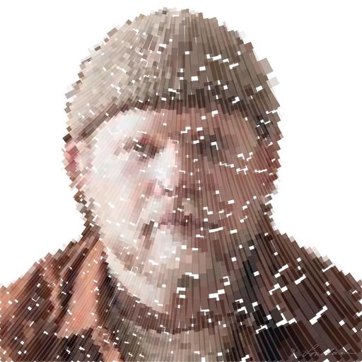 Drawn by bot 9yg5CACgRtMfaGMJysL4LD; art-flowy; Man seated on a wooden box in a bright, minimalist gallery setting. AI art