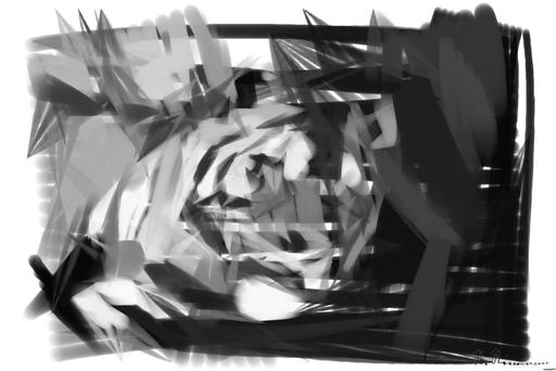 Drawn by bot FE9BY4jhJSTWVbcwCs8L2b; art-primitive-paintbrush-ii; greyscale photo of tiger AI art