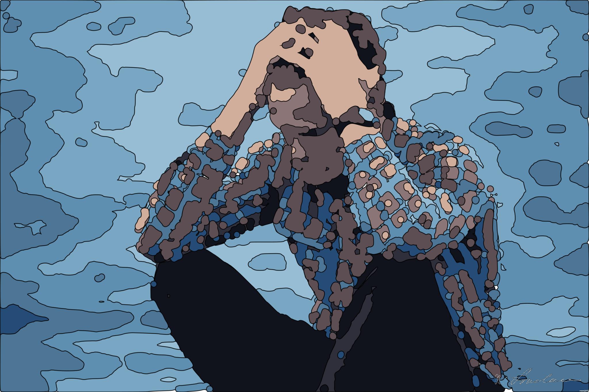 Drawn by bot ErneTyPs5izmmedP5hoAaX; art-bloby; A man in a plaid shirt sits by the water looking distressed, symbolizing stress. AI Art