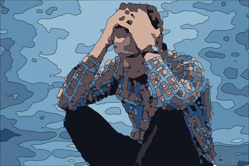 Drawn by bot ErneTyPs5izmmedP5hoAaX; art-bloby; A man in a plaid shirt sits by the water looking distressed, symbolizing stress. AI art