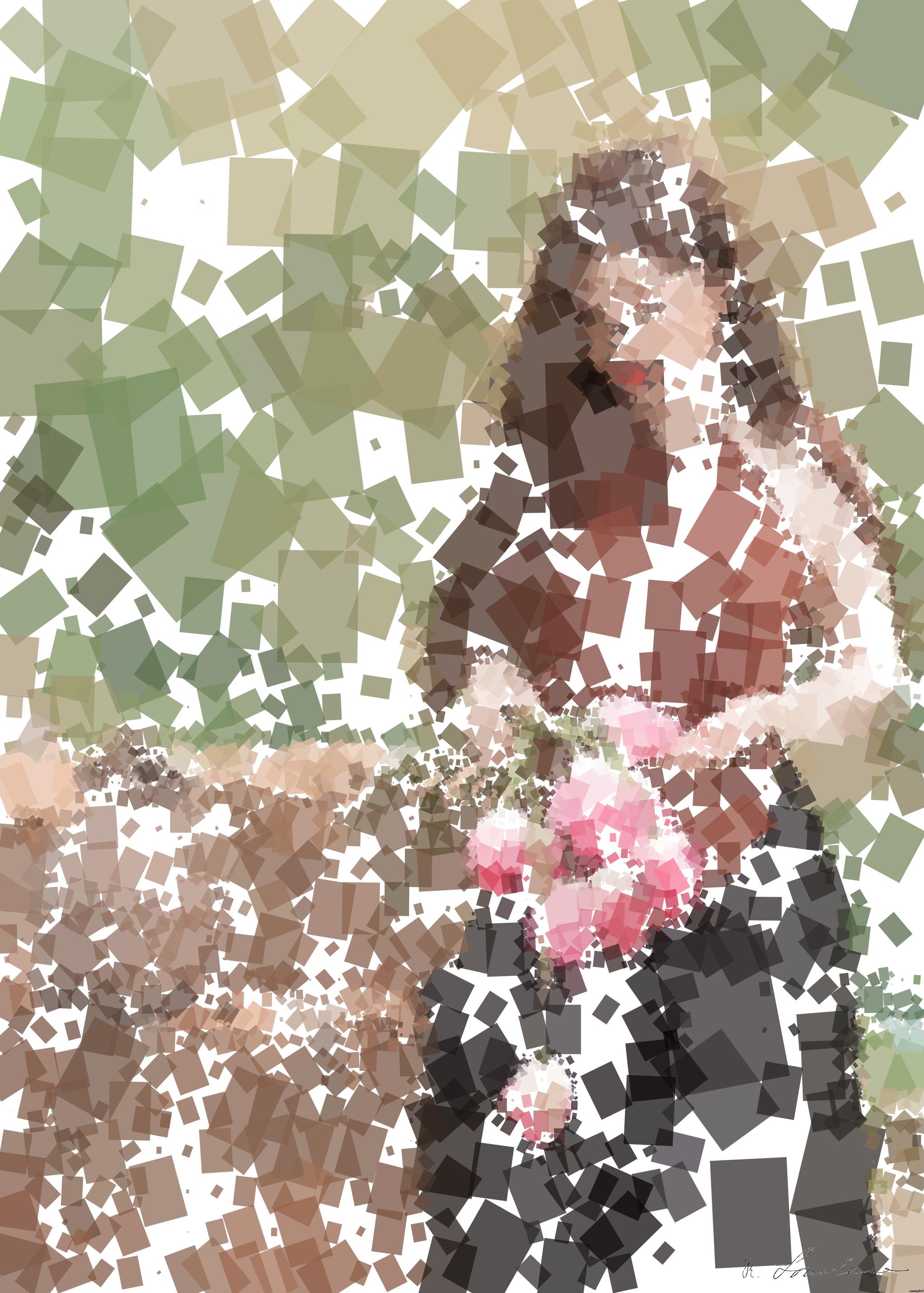 Drawn by bot cBKkn2C33JehfbBKdaXrFh; art-quadrangle; An elegant young woman holding pink tulips in a serene outdoor setting, embodying natural beauty and tranquility. AI Art