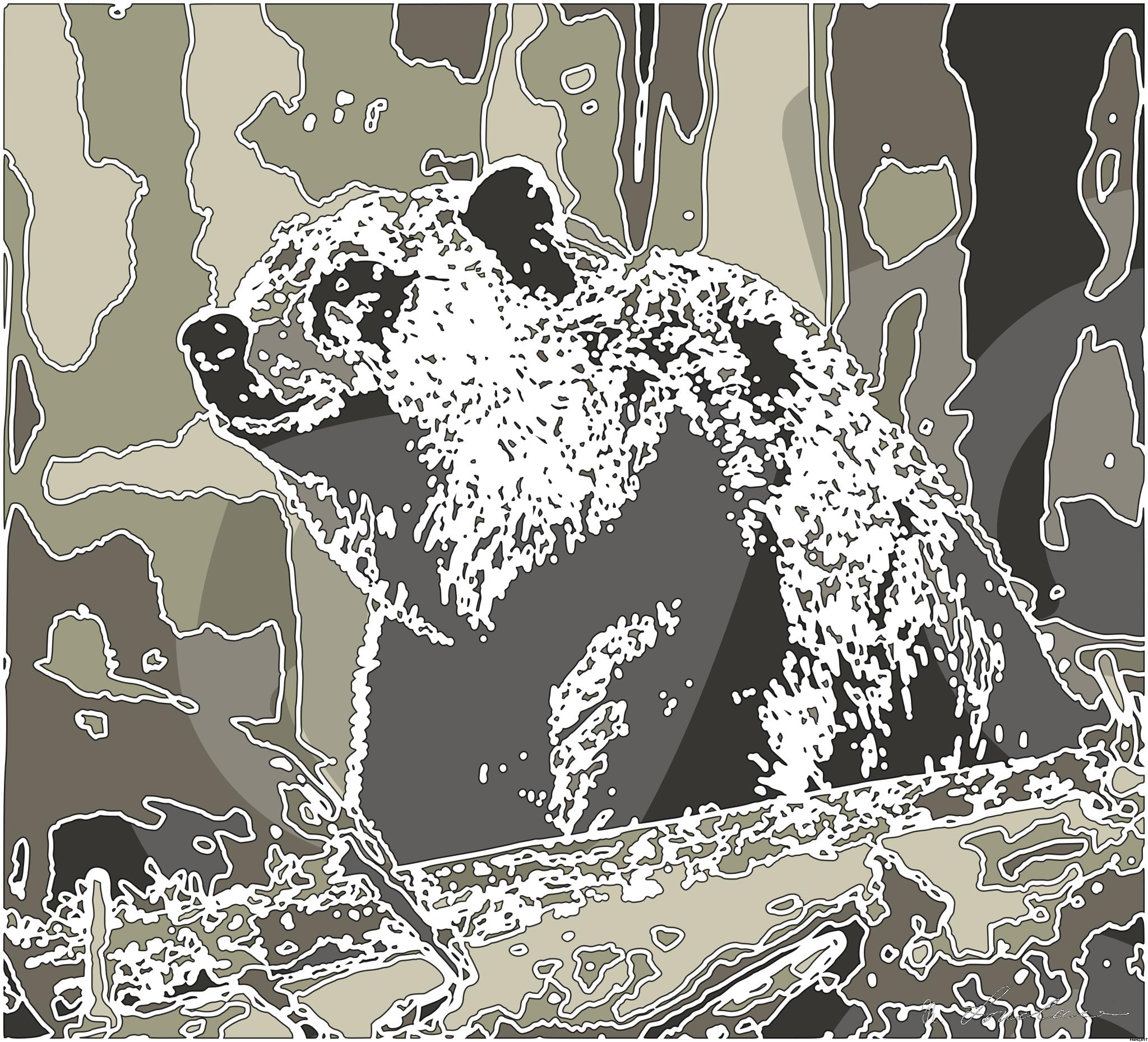 Drawn by bot SWoJjBodHb6MkZG3xgK8to; art-bloby; Close-up of a grizzly bear sitting peacefully in a forest setting, showcasing its powerful presence. AI Art
