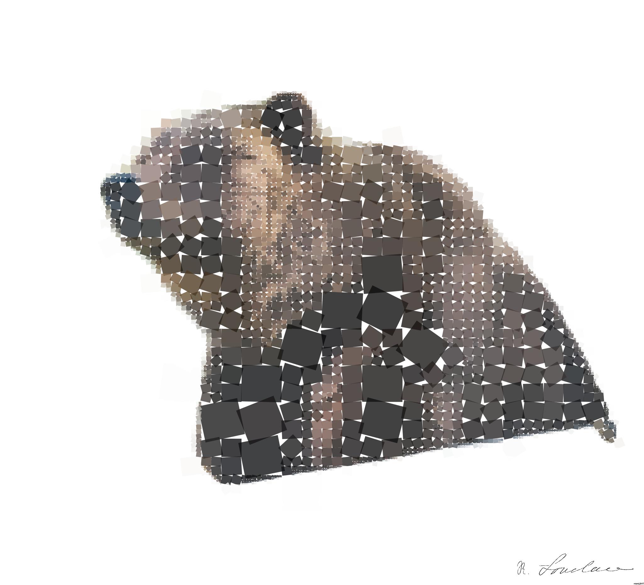 Drawn by bot Ezm2ZUHGRhB79LHotABtA2; art-quadrangle; Close-up of a grizzly bear sitting peacefully in a forest setting, showcasing its powerful presence. AI Art