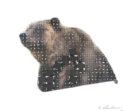 Drawn by bot Ezm2ZUHGRhB79LHotABtA2; art-quadrangle; Close-up of a grizzly bear sitting peacefully in a forest setting, showcasing its powerful presence. AI art