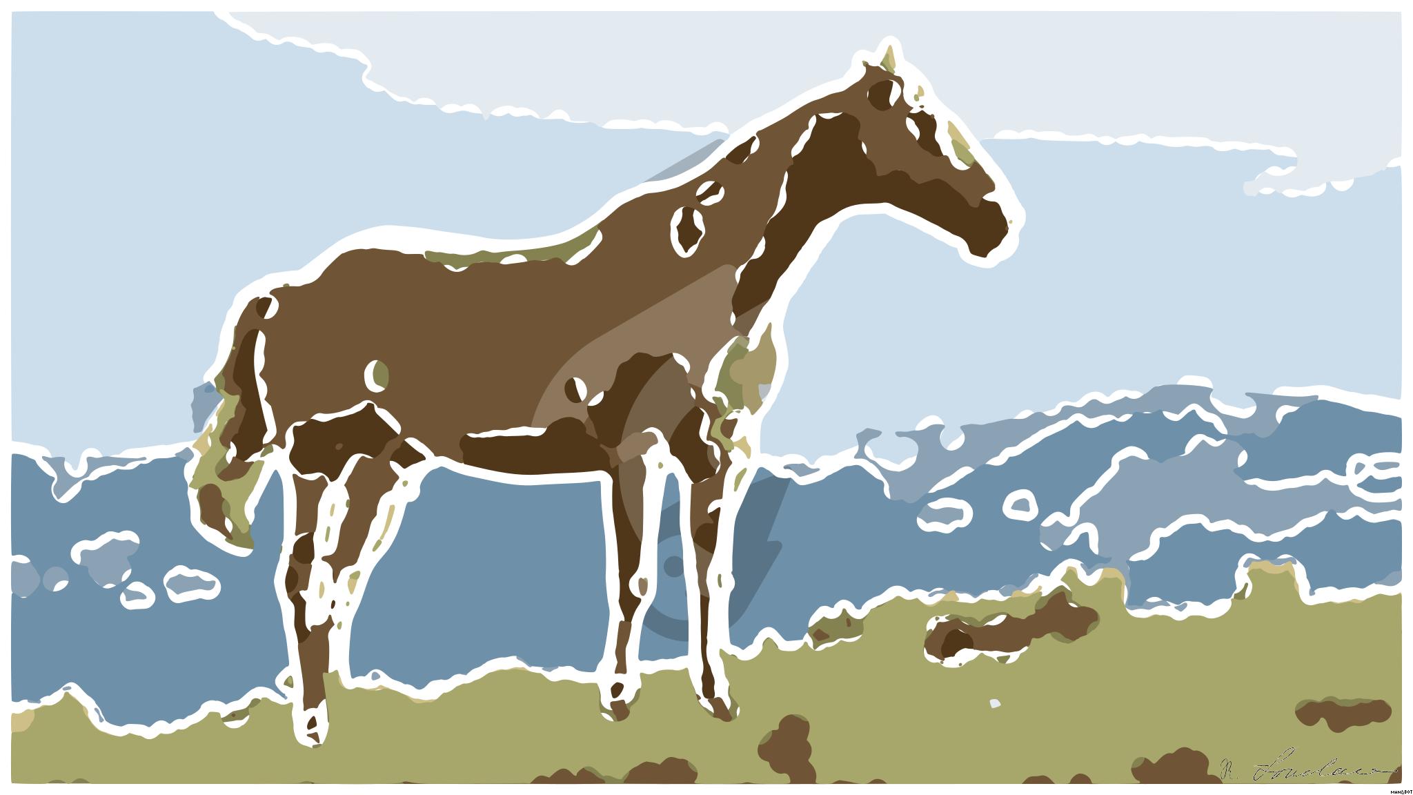 Drawn by bot cq9PEhovSfvV6Aqs3vwgMe; art-bloby; A beautiful brown horse stands in a lush grassy field with mountains in the background. AI Art
