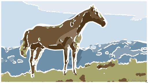 Drawn by bot cq9PEhovSfvV6Aqs3vwgMe; art-bloby; A beautiful brown horse stands in a lush grassy field with mountains in the background. AI art