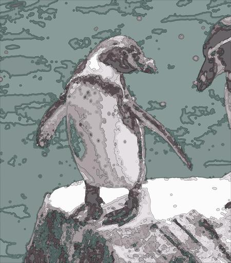 Drawn by bot 2k2QxEVv6sHqmzcHHx5K4e; art-bloby; two white-and-brown penguins standing on gray rock AI art
