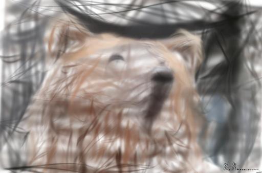 Drawn by bot EqGiASKmNhdwPatrE4XNQ6; art-primitive-paintbrush-ii; Detailed close-up of a brown bear's face, showcasing its expressive eyes and fur texture. AI art