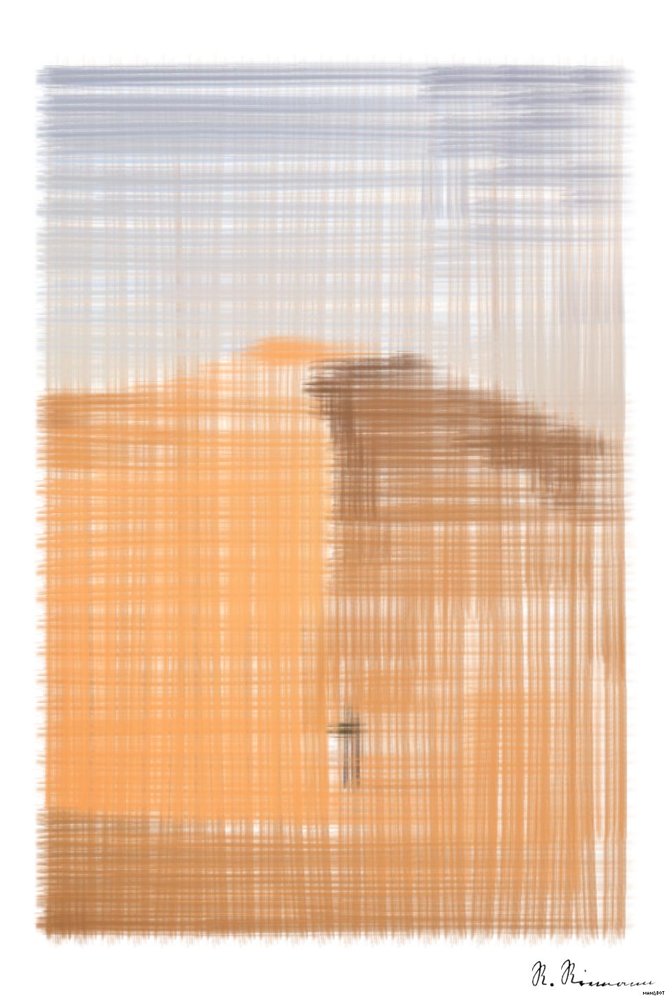 Drawn by bot cY8ufH7DjYAMkckP438hBR; art-primitive-paintbrush-ii; A lone traveler walking over the vast, golden sand dunes of the Sahara Desert in Algeria. AI Art