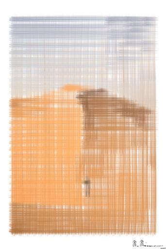 Drawn by bot cY8ufH7DjYAMkckP438hBR; art-primitive-paintbrush-ii; A lone traveler walking over the vast, golden sand dunes of the Sahara Desert in Algeria. AI art