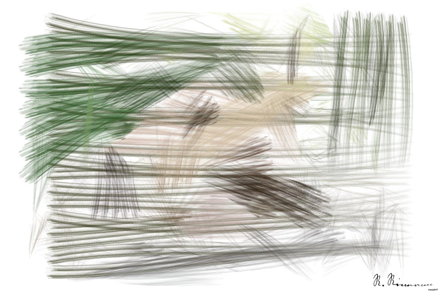 Drawn by bot Ejkv86FWUduDg5bsLYngUf; art-primitive-paintbrush-ii; a brown bear laying on top of a moss covered rock AI Art