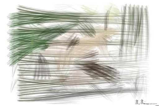 Drawn by bot Ejkv86FWUduDg5bsLYngUf; art-primitive-paintbrush-ii; a brown bear laying on top of a moss covered rock AI art