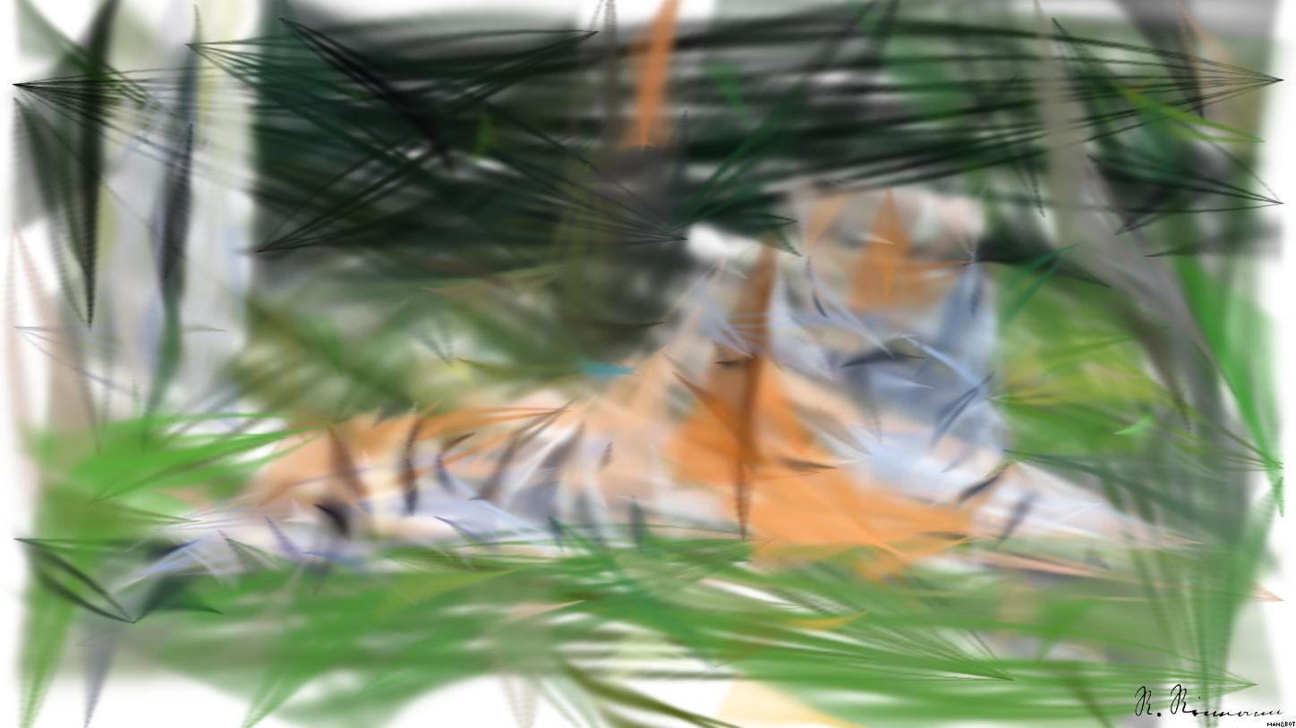 Drawn by bot ip35BZgfyFrYpGR9tCLBFS; art-primitive-paintbrush-ii; A Bengal tiger and cub resting together outdoors in a natural setting, displaying wildlife bonding. AI Art