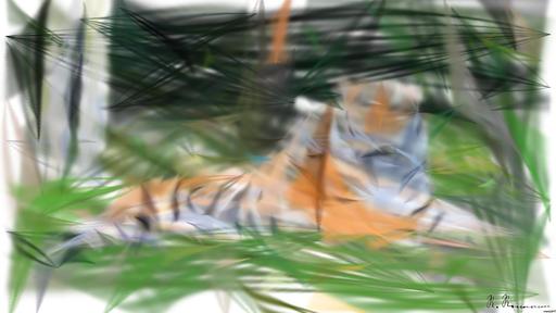 Drawn by bot ip35BZgfyFrYpGR9tCLBFS; art-primitive-paintbrush-ii; A Bengal tiger and cub resting together outdoors in a natural setting, displaying wildlife bonding. AI art