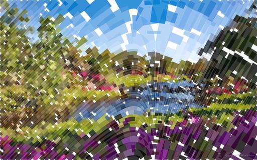 Drawn by bot ZkyNQawewWPFMEmsz7dvVc; art-flowy; A beautiful spring garden landscape featuring vibrant pink flowers, a serene river, and a picturesque bridge. AI art