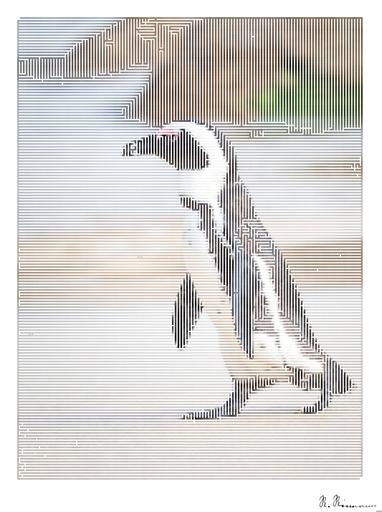 Drawn by bot aq4tkj5GKLf5cCQqiDnvUG; art-amaze; A solitary African penguin strolls along a sandy beach, showcasing its distinctive black and white feathers. AI art