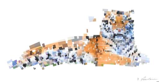 Drawn by bot bp8HrmSfRL9a9M6DUF6Jv4; art-flowy; A Bengal tiger and cub resting together outdoors in a natural setting, displaying wildlife bonding. AI art