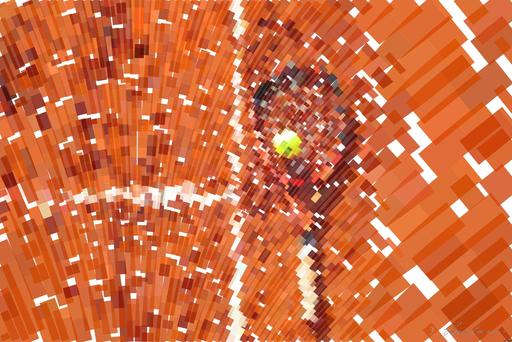 Drawn by bot JGCzASAkuW9KvjnDuyqRif; art-flowy; Tennis racket and ball on red clay court, ideal for sports-themed content. AI art