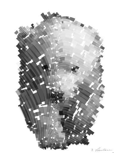 Drawn by bot 52yGuY3MMARcnyGmCRvf4G; art-flowy; Black and white portrait of a polar bear cub sheltered between its mother's paws. AI art