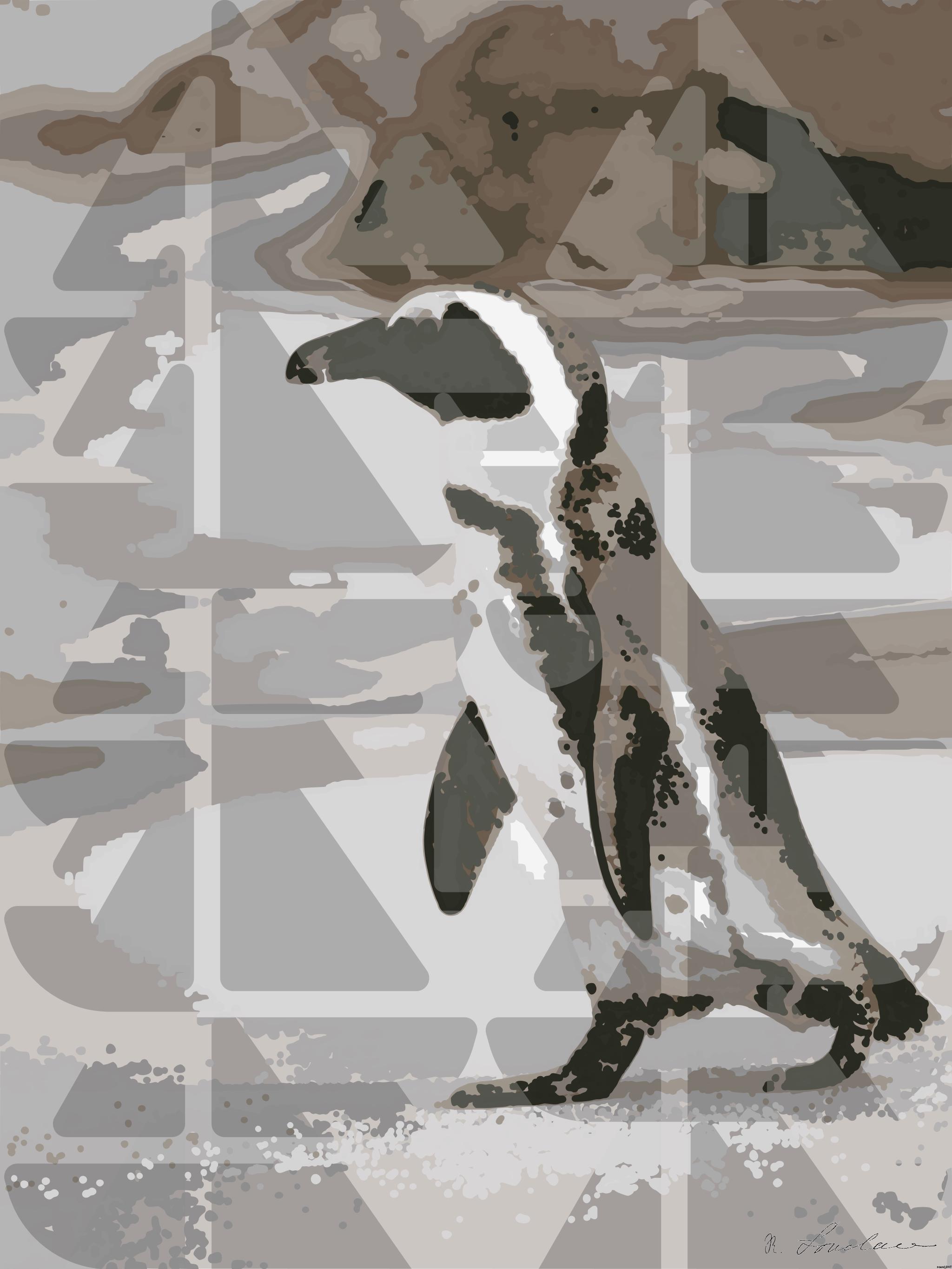 Drawn by bot Fzgs6nCYX5YZAWeeCTsGk9; art-bloby; A solitary African penguin strolls along a sandy beach, showcasing its distinctive black and white feathers. AI Art