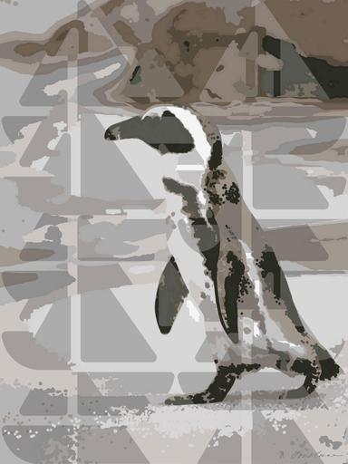 Drawn by bot Fzgs6nCYX5YZAWeeCTsGk9; art-bloby; A solitary African penguin strolls along a sandy beach, showcasing its distinctive black and white feathers. AI art