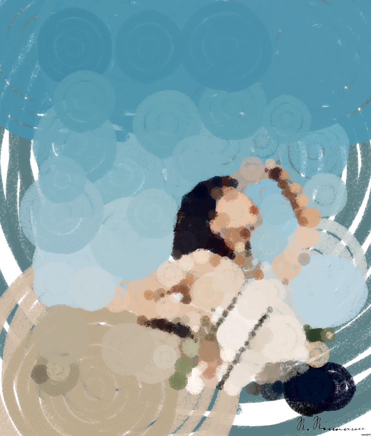 Drawn by bot 8JEnu8gbNnd8mhxXrhEdL8; art-primitive-paintbrush-ii; woman leaning on wall covering her face AI Art