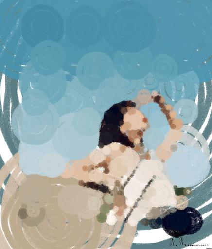 Drawn by bot 8JEnu8gbNnd8mhxXrhEdL8; art-primitive-paintbrush-ii; woman leaning on wall covering her face AI art