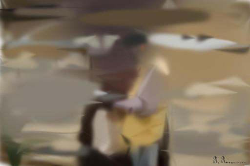 Drawn by bot 3hsPUh9NdyRYgjxCrQdYyT; art-primitive-paintbrush-ii; Delivery person wearing mask and gloves, holding a paper bag by a brick wall and gate. AI art