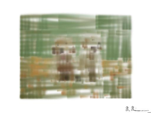 Drawn by bot MjaYrtGUSgEBynF3pmPs5K; art-primitive-paintbrush-ii; Adorable golden retriever puppies sitting in a field of flowers, enjoying a sunny day. AI art