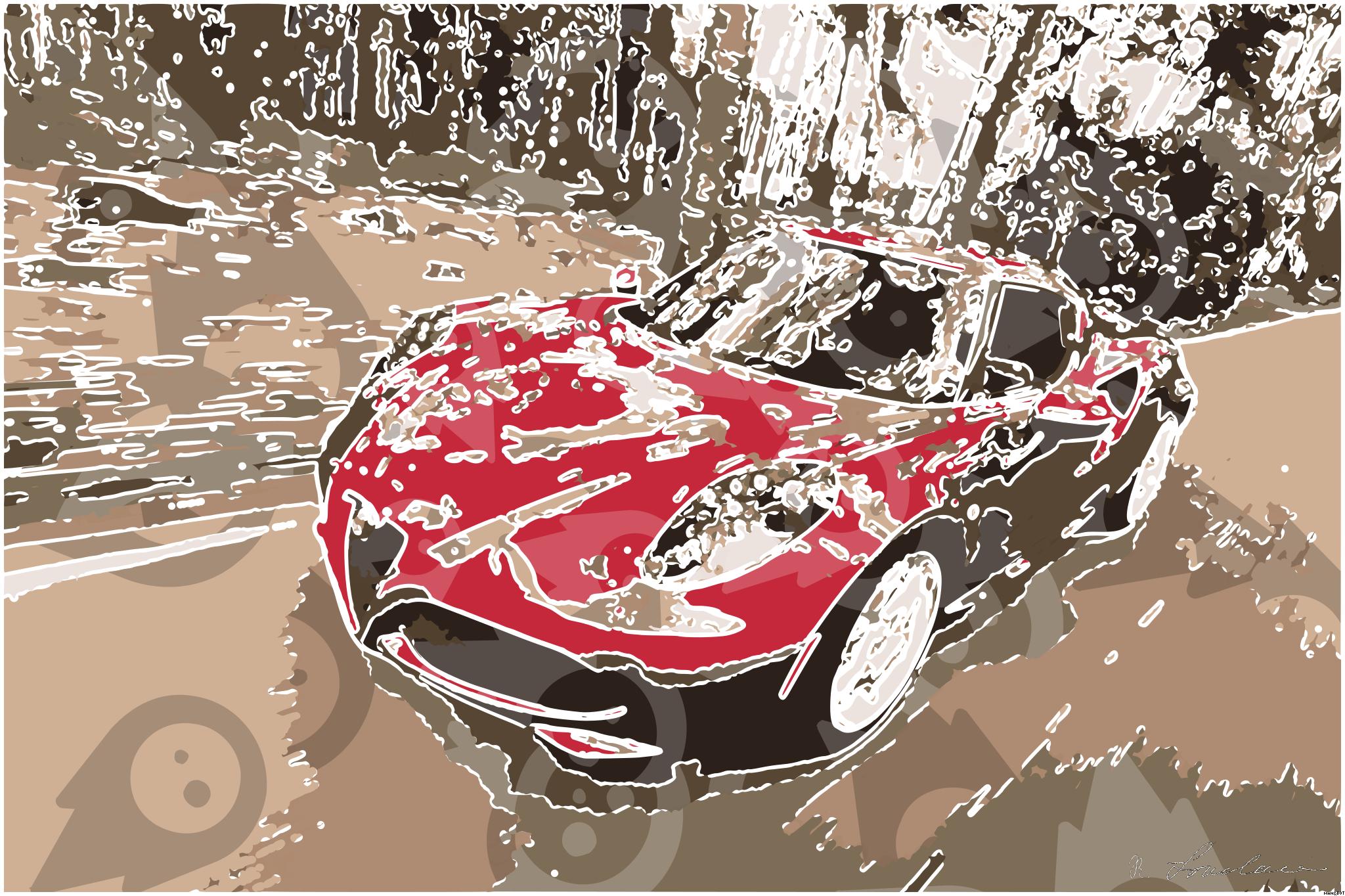 Drawn by bot GvaMWS2NUfyksauJU33QCz; art-bloby; A sleek red sports car driving fast on a forest road, showcasing speed and luxury. AI Art