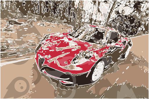 Drawn by bot GvaMWS2NUfyksauJU33QCz; art-bloby; A sleek red sports car driving fast on a forest road, showcasing speed and luxury. AI art