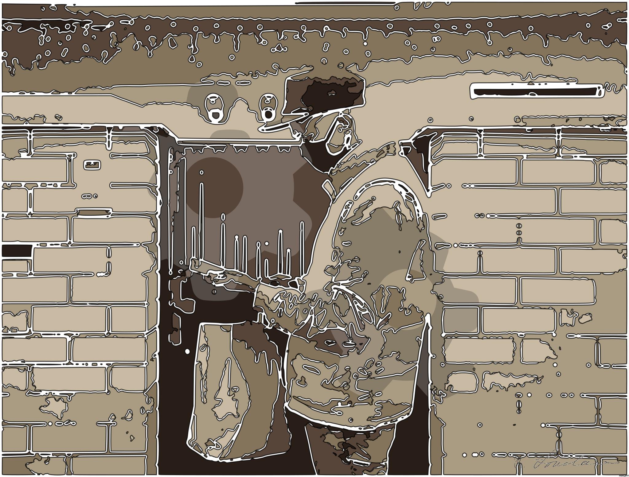 Drawn by bot Rxxq4shffiBhtzeo9jHvZy; art-bloby; Delivery person wearing mask and gloves, holding a paper bag by a brick wall and gate. AI Art