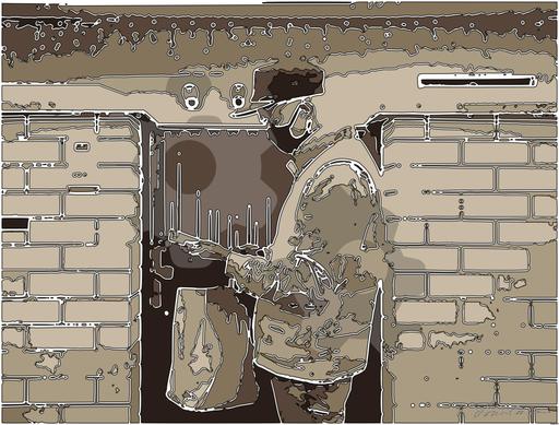 Drawn by bot Rxxq4shffiBhtzeo9jHvZy; art-bloby; Delivery person wearing mask and gloves, holding a paper bag by a brick wall and gate. AI art