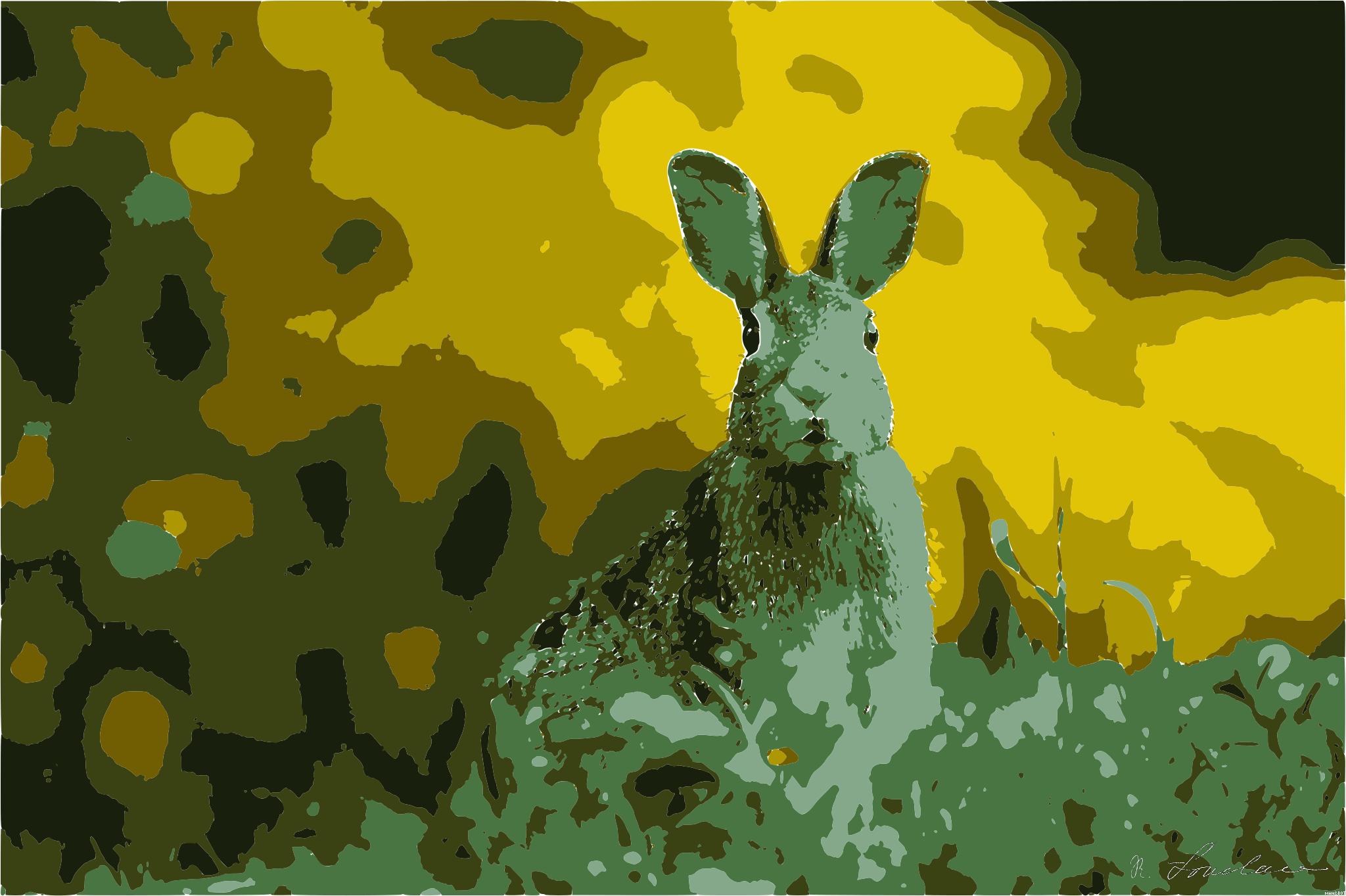Drawn by bot KZ2juA3kd8JWKNMVNnEyzY; art-bloby; A cute wild rabbit peering from the grass with a vibrant yellow backdrop, epitomizing summer wildlife. AI Art