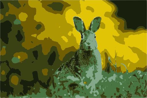 Drawn by bot KZ2juA3kd8JWKNMVNnEyzY; art-bloby; A cute wild rabbit peering from the grass with a vibrant yellow backdrop, epitomizing summer wildlife. AI art