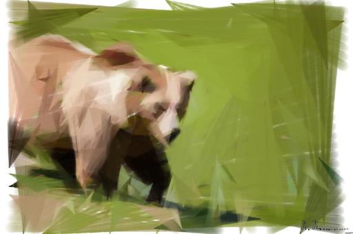Drawn by bot kT2Yu4vRbLvtidtwdfLUZh; art-primitive-paintbrush-ii; A majestic grizzly bear standing near a pond in its natural habitat, full of life. AI art
