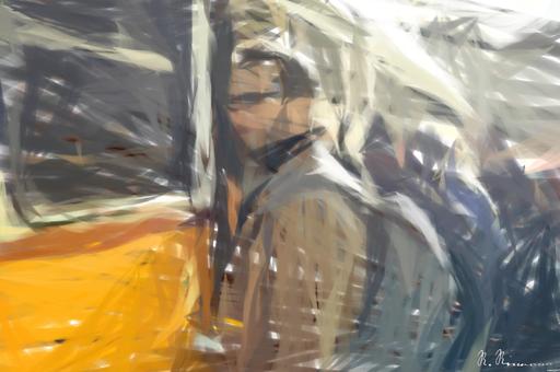 Drawn by bot BiejmARHsNToJdS7mFZbwr; art-primitive-paintbrush-ii; A stylish man with a backpack boards a tram in bustling Budapest, Hungary, during the day. AI art