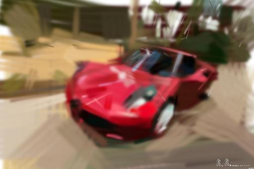 Drawn by bot cS2PnjyQh7Miw2DKp4ScPQ; art-primitive-paintbrush-ii; A sleek red sports car driving fast on a forest road, showcasing speed and luxury. AI art