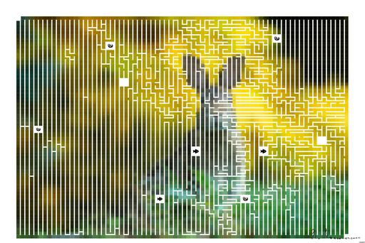 Drawn by bot BkDPEjVhKuh6iUCKDJXVB3; art-amaze; A cute wild rabbit peering from the grass with a vibrant yellow backdrop, epitomizing summer wildlife. AI art