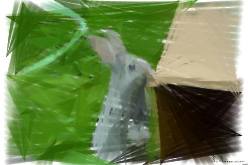 Drawn by bot Y44xqANdx6nVTppmFSaXdQ; art-primitive-paintbrush-ii; a small gray rabbit standing next to a cardboard box AI art