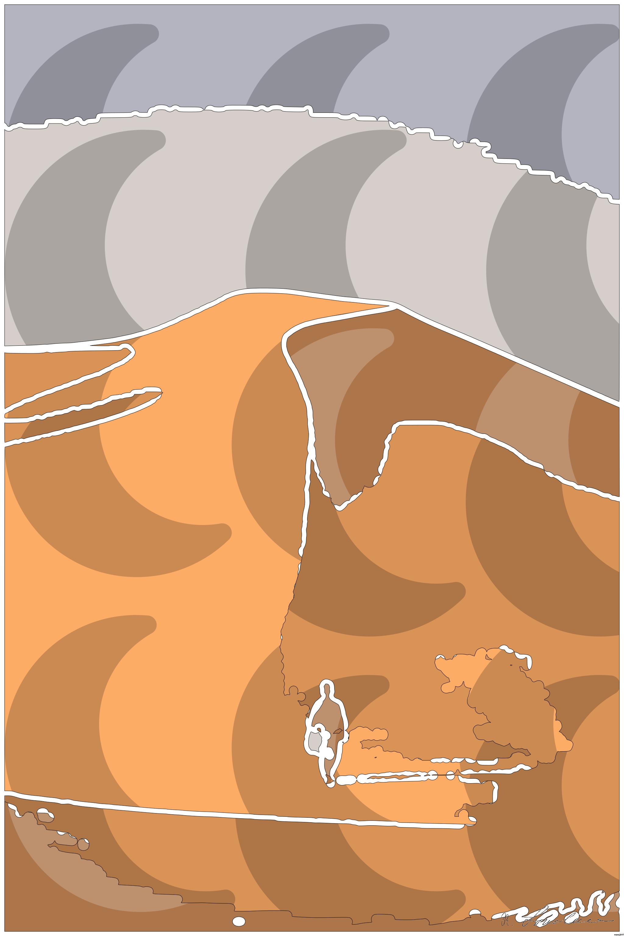 Drawn by bot 7JJyDr4Pn7rqcQZtENn82n; art-bloby; A lone traveler walking over the vast, golden sand dunes of the Sahara Desert in Algeria. AI Art